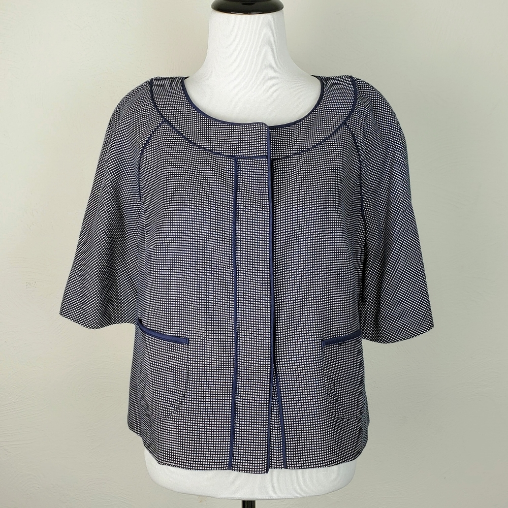 Loft Blazer Jacket Check Navy Blue Short Sleeves Spring Summer Classic Retro